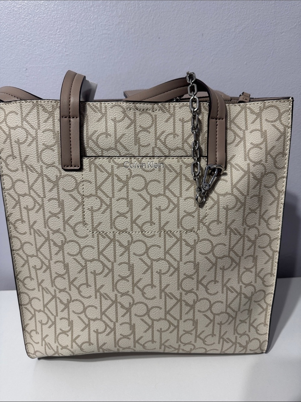 Calvin Klein Cream Logo Tote with Taupe Handles and Silver Chain